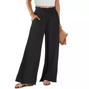 Женские хлопковые льняные брюки, летние широкие повседневные свободные брюки-палаццо с высокой талией и шнурком, брюки с карманами L чёрный