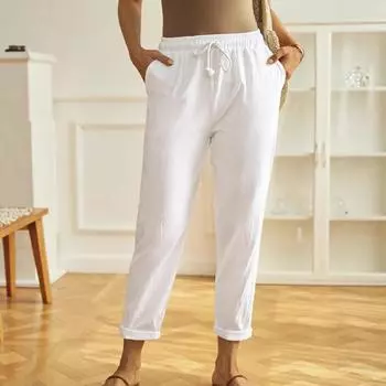 Женские хлопковые льняные брюки, летние широкие повседневные свободные брюки палаццо с завязками, брюки с карманами L белый