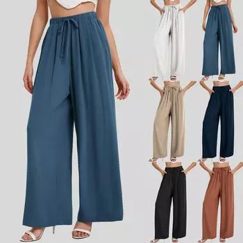 Женские хлопковые льняные брюки, летние широкие повседневные свободные брюки-палаццо с высокой талией и шнурком, брюки с карманами XL хаки