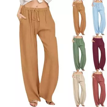 Женские хлопковые льняные брюки, летние широкие повседневные свободные брюки-палаццо с высокой талией и шнурком, брюки с карманами L армия зеленый