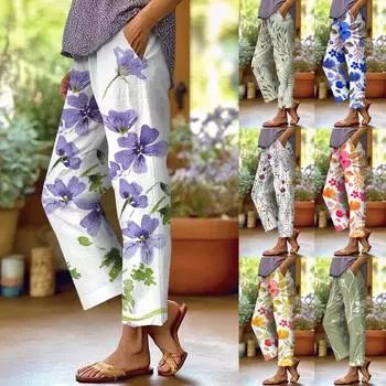 Женские хлопковые льняные брюки с принтом, летние широкие повседневные свободные брюки-палаццо с высокой талией и шнурком, брюки с карманами L бежевый