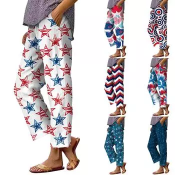 Женские хлопковые льняные брюки с принтом, летние широкие повседневные свободные брюки-палаццо с высокой талией и шнурком, брюки с карманами L синий