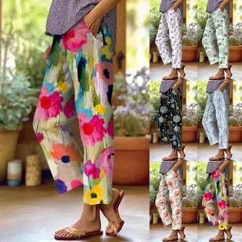 Женские хлопковые льняные брюки с принтом, летние широкие повседневные свободные брюки-палаццо с высокой талией и шнурком, брюки с карманами L чёрный