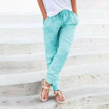 Женские хлопковые льняные брюки, женские осенне-весенние дышащие однотонные хлопковые льняные брюки для фитнеса, уличная одежда до щиколотки M хаки