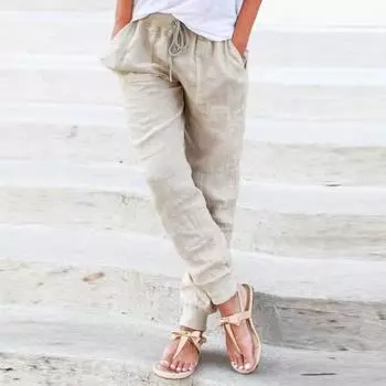 Женские хлопковые льняные брюки, женские осенне-весенние дышащие однотонные хлопковые льняные брюки для фитнеса, уличная одежда до щиколотки M хаки