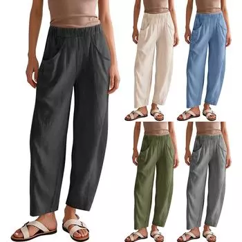 Женские хлопковые льняные однотонные модные повседневные брюки с эластичной талией и карманами L армия зеленый