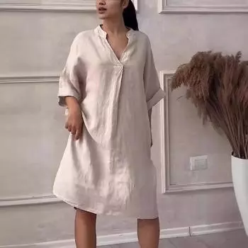 Женские хлопковые льняные однотонные повседневные элегантные длинные повседневные платья с V-образным вырезом S зелёный