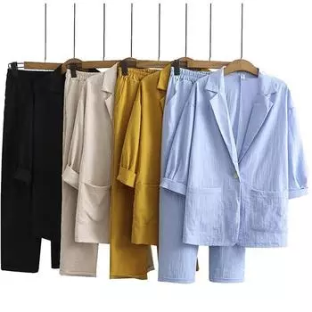 Женские хлопковые льняные пиджаки, пальто, комплекты из двух предметов, свободные широкие брюки, комплект, однотонный спортивный костюм, наряды S розовый