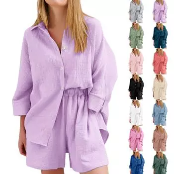 Женские хлопковые льняные пижамы с длинными рукавами, повседневные топы и шорты, одежда для сна, одежда для дома из 2 предметов L чёрный