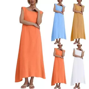 Женские хлопковые льняные повседневные платья с круглым вырезом без рукавов и карманами, длинные L синий