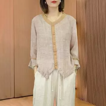 Женские хлопковые льняные рубашки Летняя ретро-рубашка Свободный утягивающий топ из льна Маленькие рубашки Большие размеры Тонкая блузка M светло-серый