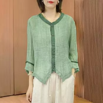 Женские хлопковые льняные рубашки Летняя ретро-рубашка Свободный утягивающий топ из льна Маленькие рубашки Большие размеры Тонкая блузка M