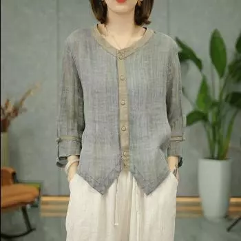 Женские хлопковые льняные рубашки Летняя ретро-рубашка Свободный утягивающий топ из льна Маленькие рубашки Большие размеры Тонкая блузка 3XL светло-серый