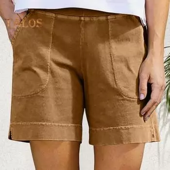 Женские хлопковые льняные шорты с эластичной талией, мешковатые короткие брюки с карманами, повседневные летние шорты длиной до колена XXL хаки