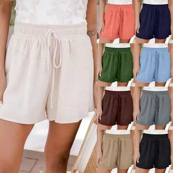 Женские хлопковые льняные шорты с эластичной резинкой на талии, летние пляжные свободные шорты, шорты
