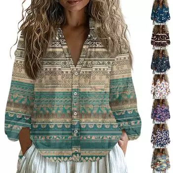 Женские хлопковые льняные топы с длинными рукавами, свободные футболки с V-образным вырезом в стиле бохо, винтажные блузки L