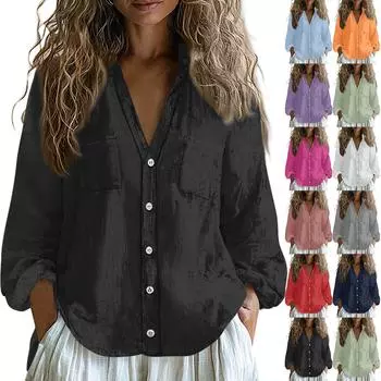 Женские хлопковые льняные топы с длинными рукавами, свободные футболки с V-образным вырезом в стиле бохо, винтажные блузки M чёрный