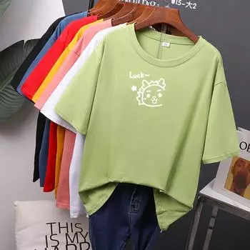 Женские хлопковые летние футболки больших размеров «Luck», милая свободная футболка с принтом, мягкий женский джемпер, топ M чёрный