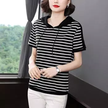 Женские хлопковые модные летние футболки с капюшоном, женские черные, белые, полосатые футболки с коротким рукавом, женственные свободные топы 5XL 4XL белый