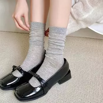 Женские хлопковые носки до середины икры, летние тонкие дышащие, приятные для кожи, эластичные хлопковые свободные носки в вертикальную полоску светло-серый