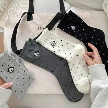 «Женские хлопковые носки средней длины с вышитым рисунком в виде щенка в горошек в японском стиле — дышащие и впитывающие пот, для осени и зимы» One Size белый