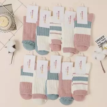 Женские хлопковые носки средней длины в розовую полоску – 100% хлопок, впитывают пот, устойчивы к запахам, идеально подходят для осени. 5 pairs (35-40) High Quality