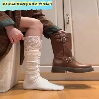 Женские хлопковые носки выше колена, белые кружевные, облегающие, идеально подходят для сапог, осень/зима 1 pair чёрный
