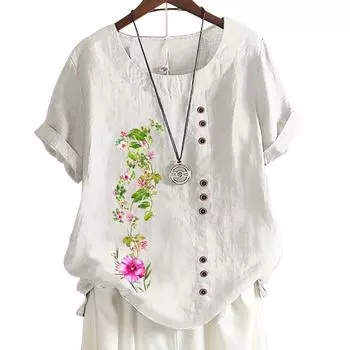 Женские хлопковые повседневные топы с 6 уникальными принтами, круглый вырез, короткие рукава, S-5XL S