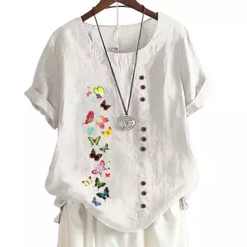 Женские хлопковые повседневные топы с 6 уникальными принтами, круглый вырез, короткие рукава, S-5XL S