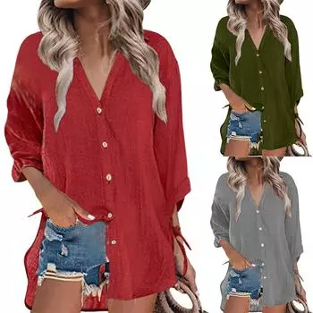 Женские хлопковые рубашки на пуговицах с рукавами 3/4, летние кардиганы с неровным краем и пуговицами S винный