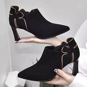 Женские хлопковые сапоги на толстом каблуке, зимние, новые, замшевые, с заостренным носком, с боковой молнией, противоскользящие, износостойкие, короткие сапоги 34 чёрный