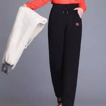 Женские хлопковые шаровары, теплые зимние толстые бархатные черные спортивные штаны с высокой талией, свободные брюки из овечьей шерсти, устойчивые к холоду брюки M чёрный