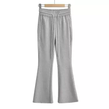 Женские хлопковые спортивные штаны с завязками, летние расклешенные брюки, легкие брюки-клеш с эластичным поясом, брюки y2k, спортивные тонкие брюки с высокой талией S темно-серого