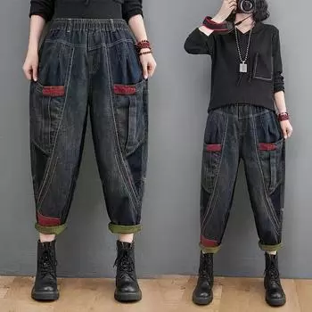 Женские хлопковые свободные джинсы с эластичной резинкой на талии, повседневные шаровары Color Collision 2XL синий