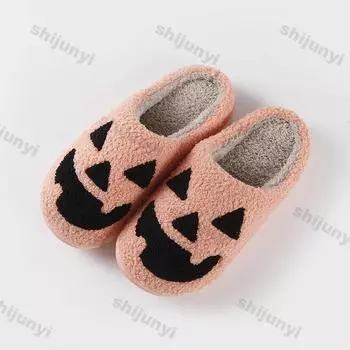 Женские хлопковые тапочки на Хэллоуин с рисунком тыквы, теплые зимние хлопковые тапочки для пар, мягкие, удобные, нескользящие, домашние тапочки 37-38 белый