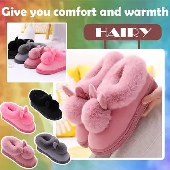 Женские хлопковые тапочки на плоском каблуке с кроличьими ушками Hyoma, зимняя обувь для снега 40 красный