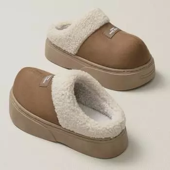 Женские хлопковые тапочки на толстой подошве 2024 г.: Зимний мех, нескользящий, для использования в помещении и на улице, увеличивающий рост