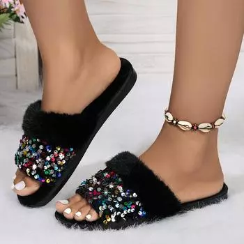 Женские хлопковые тапочки, плюшевые балетки, зимние трендовые повседневные плюшевые зимние ботинки, теплые и удобные домашние хлопковые тапочки до щиколотки 36-37 чёрный