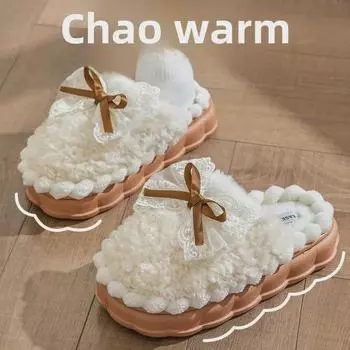 Женские хлопковые тапочки с бантом: Теплые зимние туфли для дома, нескользящие, с толстой подошвой, мягкие и комфортные. Fits 37-38