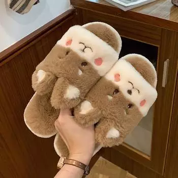 Женские хлопковые тапочки, теплые домашние милые мягкие плюшевые домашние тапочки 38 коричневый