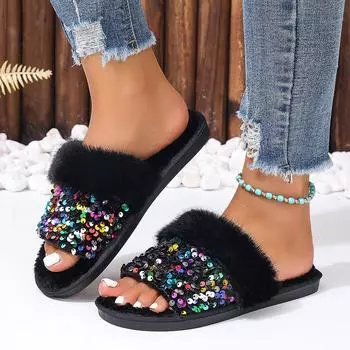 Женские хлопковые тапочки, зимние плюшевые сандалии на плоской подошве, трендовые повседневные теплые зимние ботинки, удобные домашние тапочки из хлопка, женские 36-37 чёрный