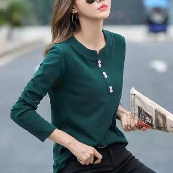 Женские хлопковые топы, повседневные пуловеры, футболки с длинными рукавами, весна-осень, тонкие рубашки большого размера XXL чёрный