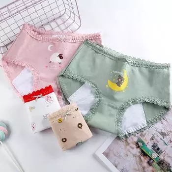 Женские хлопковые трусики средней посадки с защитой от протекания для менструального цикла с кружевным краем Женские физиологические трусики M зелёный