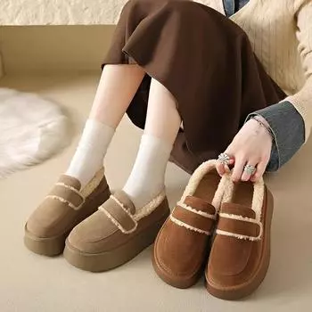 Женские хлопковые туфли на плоской подошве на платформе, повседневные зимние туфли-лоферы из мягкой замши с круглым носком, увеличивающие рост, в стиле ретро 35 хаки
