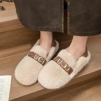 Женские хлопковые туфли на плоской подошве, зимние, новые, с круглым носком, с глубоким носком, с мягкой подошвой, нескользящие, износостойкие, плюшевые, низкие туфли 35 бежевый