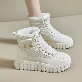 Женские хлопковые туфли на толстой подошве со шнуровкой, спортивные, осенне-зимние, новый стиль с добавлением флиса, женские европейские и американские теплые туфли 35 белый
