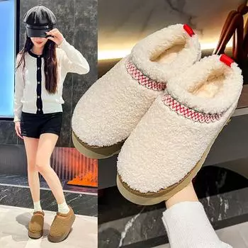 Женские хлопковые туфли осень-зима новый стиль с плюшевым утеплителем зимние сапоги толстые подошвы, мохнатые тапочки для ходьбы одной ногой 35