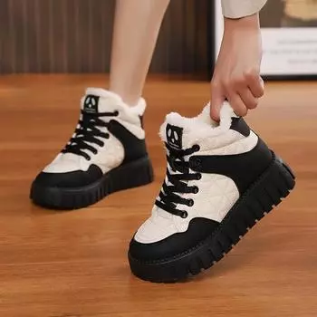 Женские хлопковые туфли Plush 2024 Winter Толстая подошва Comfort Anti Slip Теплые ботильоны на шнуровке на платформе, увеличивающие рост 35 чёрный