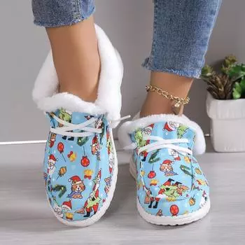 Женские хлопковые туфли с рождественским принтом в европейском и американском стиле, зимняя новинка 2024 года, туфли на плоской подошве со шнуровкой и круглым носком, Zapatos De Mujer 36