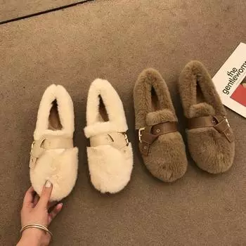 Женские хлопковые туфли в стиле феи, новые зимние туфли с плоским дном и круглым носком, модные теплые туфли на меху для женщин 35 чёрный